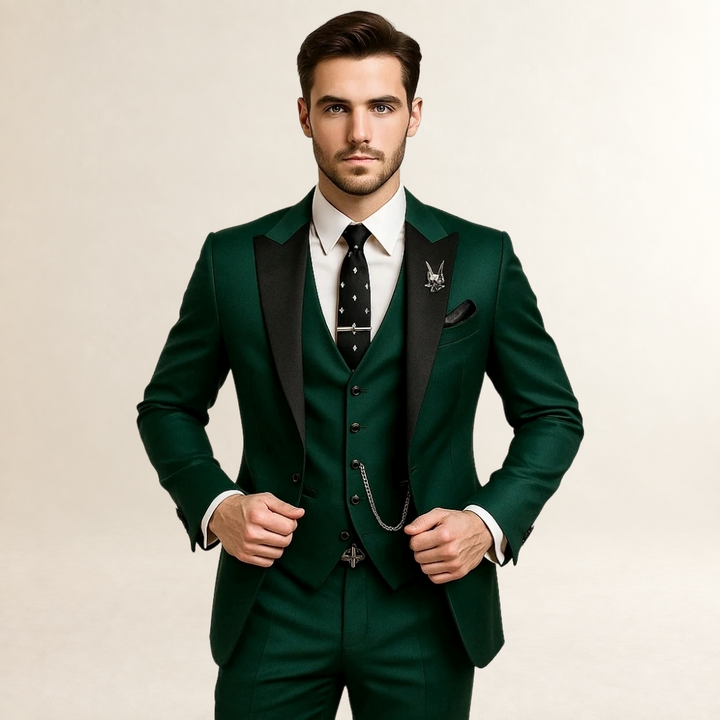 Mężczyzna w ciemnozielonym eleganckim garniturze trzyczęściowym z krawatem i ozdobnym łańcuszkiem