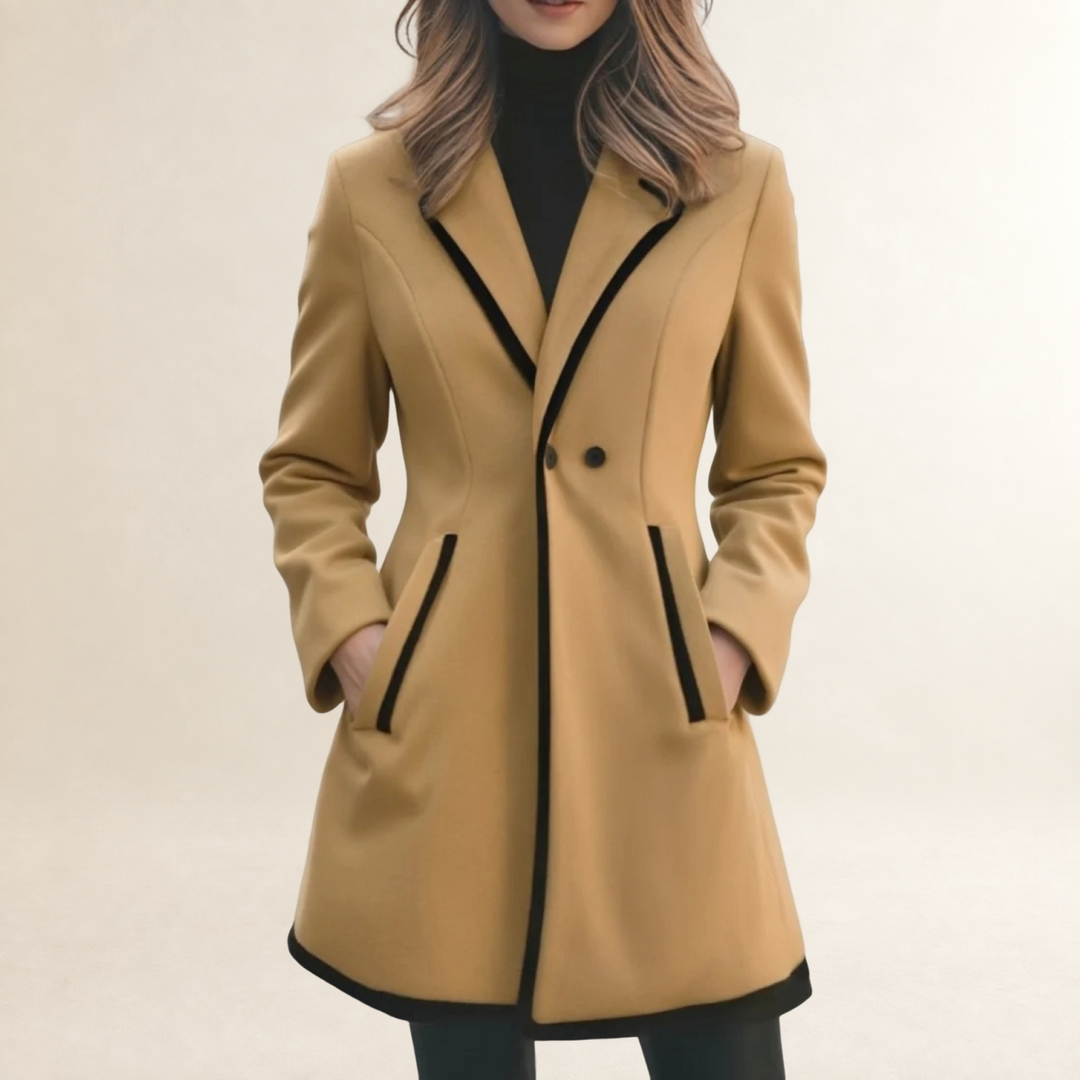 Kobieta w eleganckim płaszczu w kolorze khaki z kontrastowym obszyciem