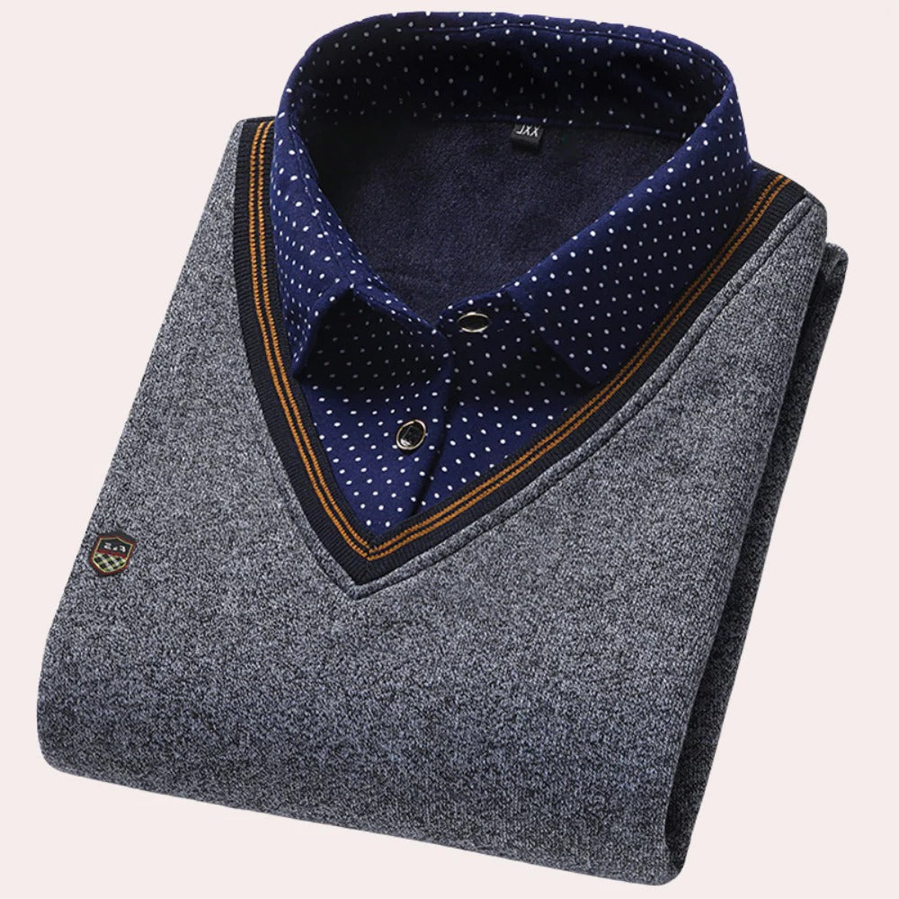Elegancki szary sweter męski z kołnierzykiem koszulowym, odzież męska