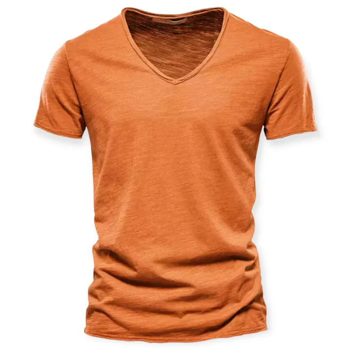 Wygodny męski t-shirt z dekoltem V prezentowany od tyłu na sylwetce