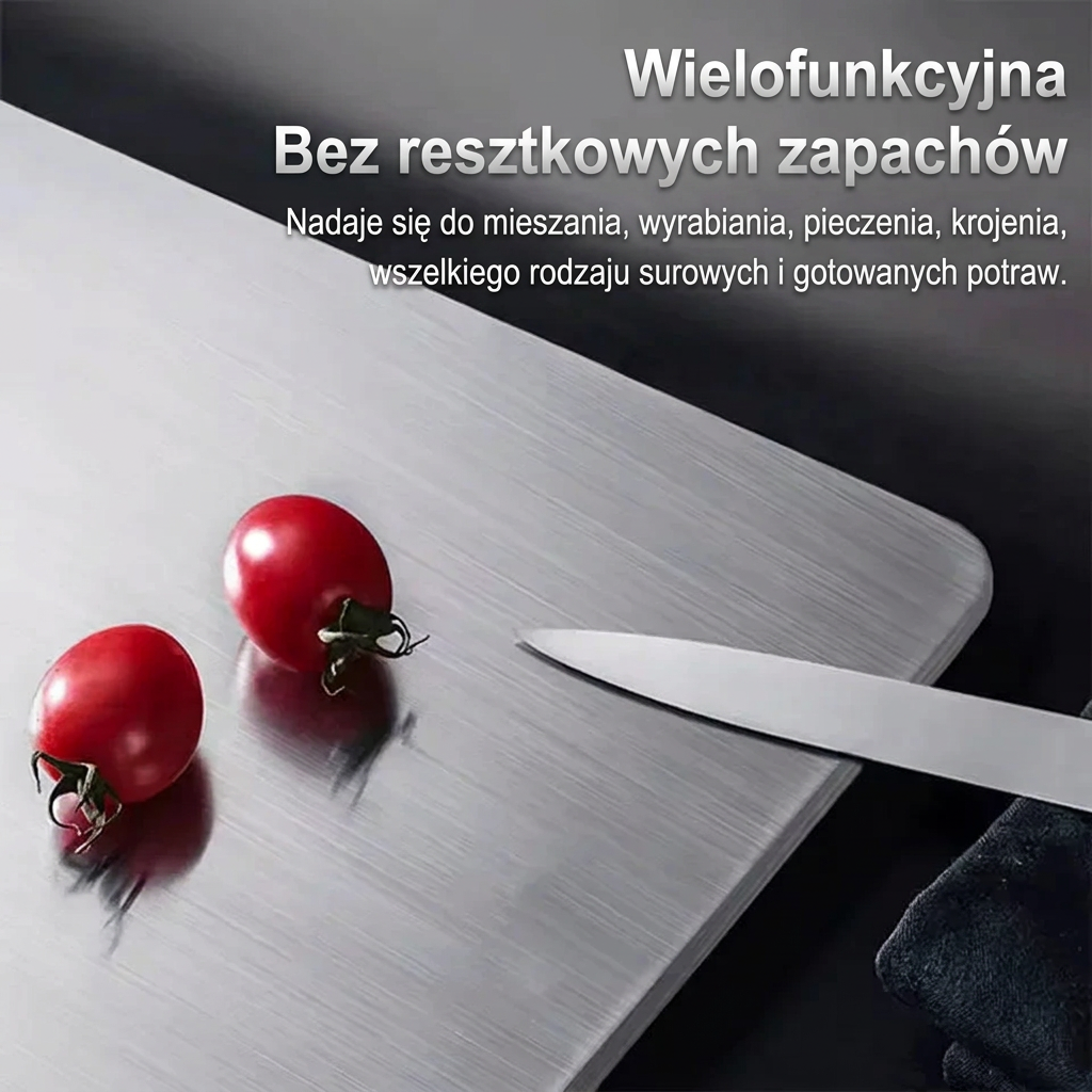 Lekka i łatwa w czyszczeniu tytanowa deska do krojenia oparta o blat w eleganckiej kuchni