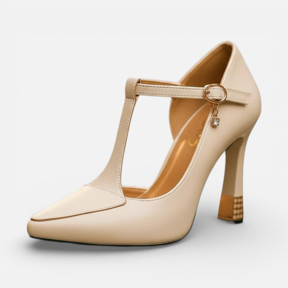 Czarne czółenka damskie na stabilnym słupku z eleganckim paskiem T-bar, idealne buty wizytowe