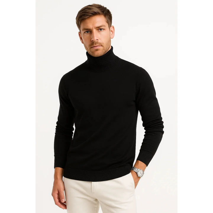 Mężczyzna prezentujący elegancki czarny męski golf z dzianiny