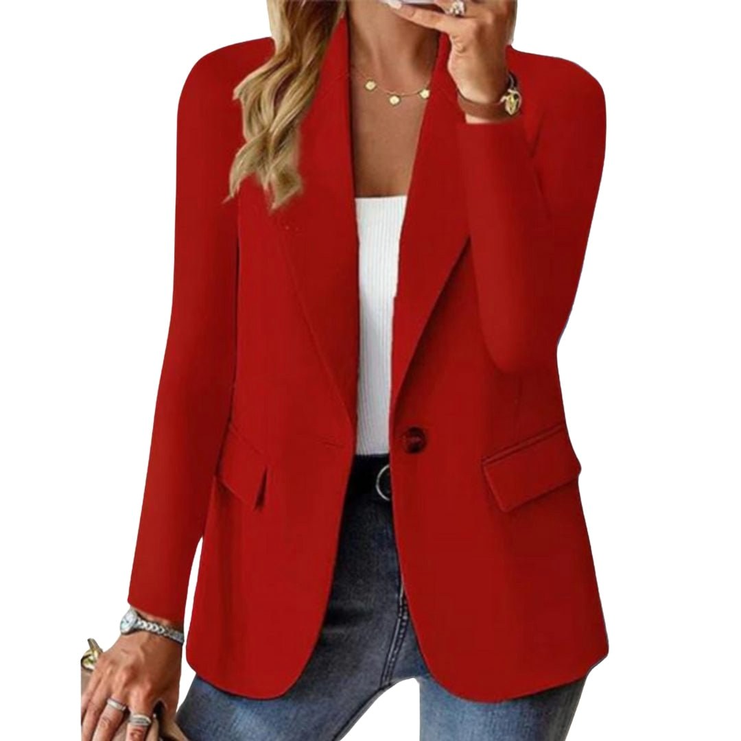 Beżowy żakiet damski blazer z długim rękawem, elegancka odzież biurowa