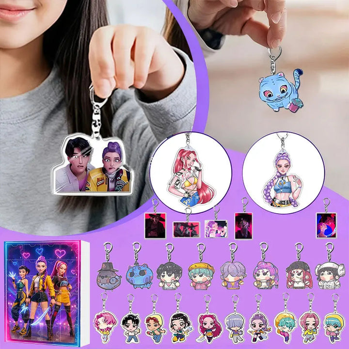 Kalendarz adwentowy fantasy Łowcy Demonów K-Pop. Odkryj 24 breloki. Idealny świąteczny gadżet dla fanów.