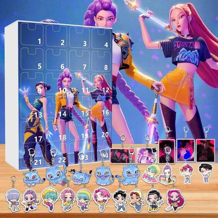 Świąteczny kalendarz adwentowy K-Pop z brelokami Łowcy Demonów. Doskonały prezent dla każdego fana gadżetów.