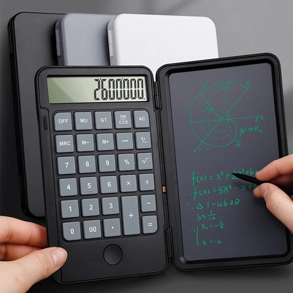Ekologiczny kalkulator naukowy z tabletem LCD do notatek, zmniejszający zużycie papieru.