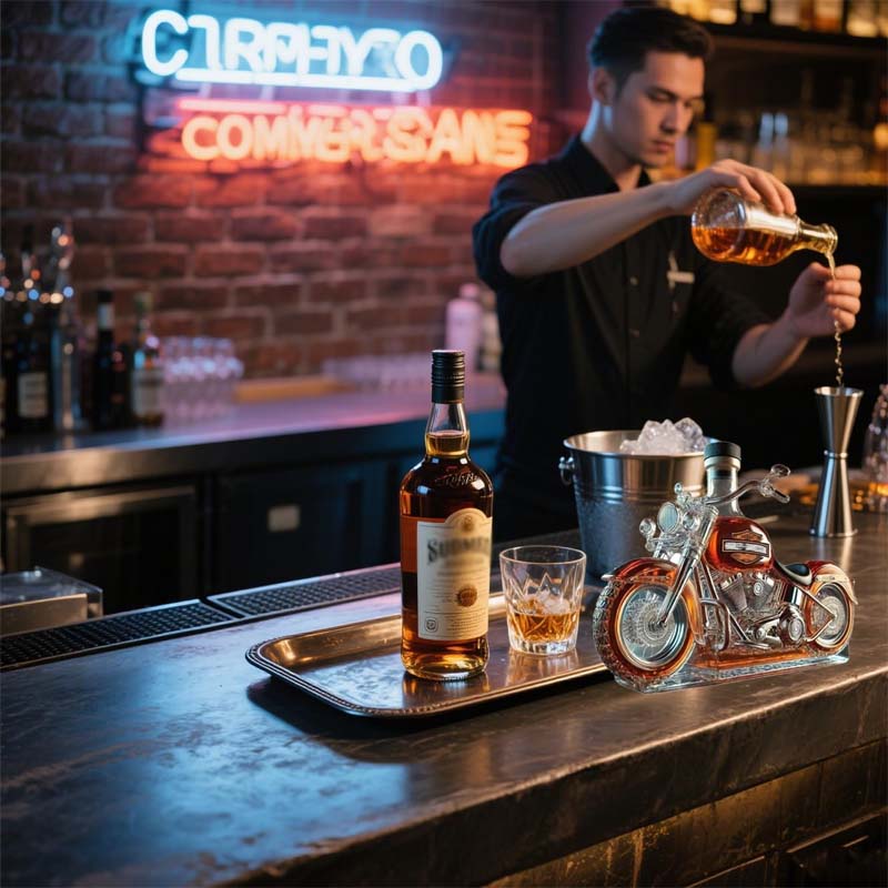 Designerska karafka szkło motocykl, na whisky lub inne alkohole. Męski prezent, element domowego baru.