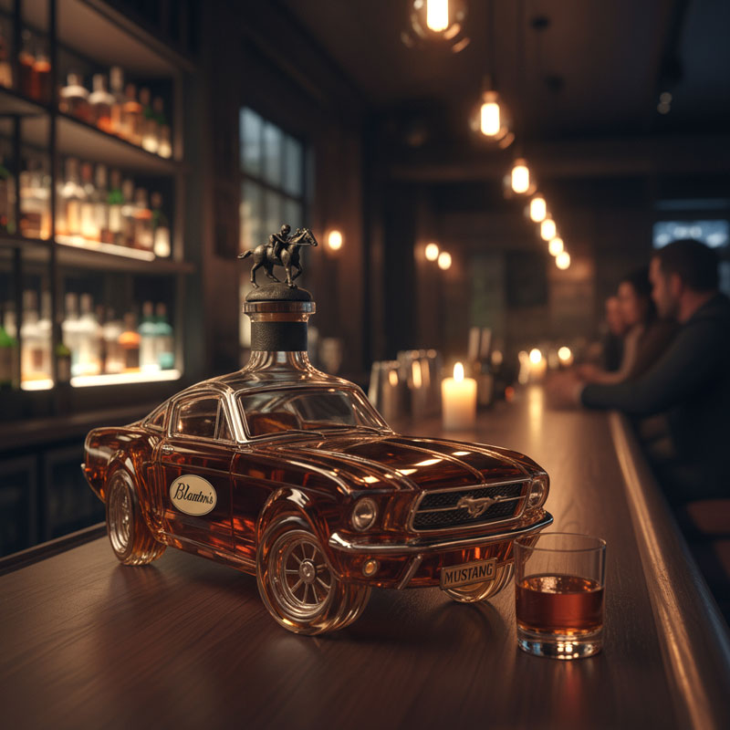 Szklana karafka na whisky w kształcie klasycznego auta sportowego. Idealna do serwowania alkoholu, motoryzacyjna elegancja.