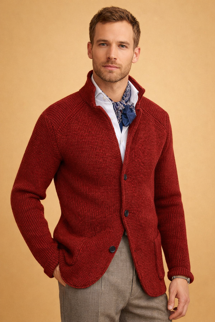 Elegancki kardigan męski na guziki. Sweter rozpinany dla modnego mężczyzny, casualowa odzież męska.