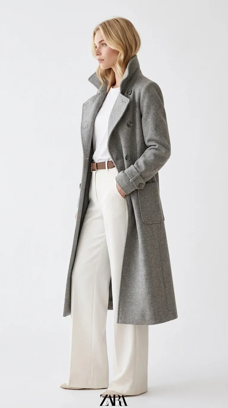 Klasyczny elegancki płaszcz damski dwurzędowy w modnym kolorze