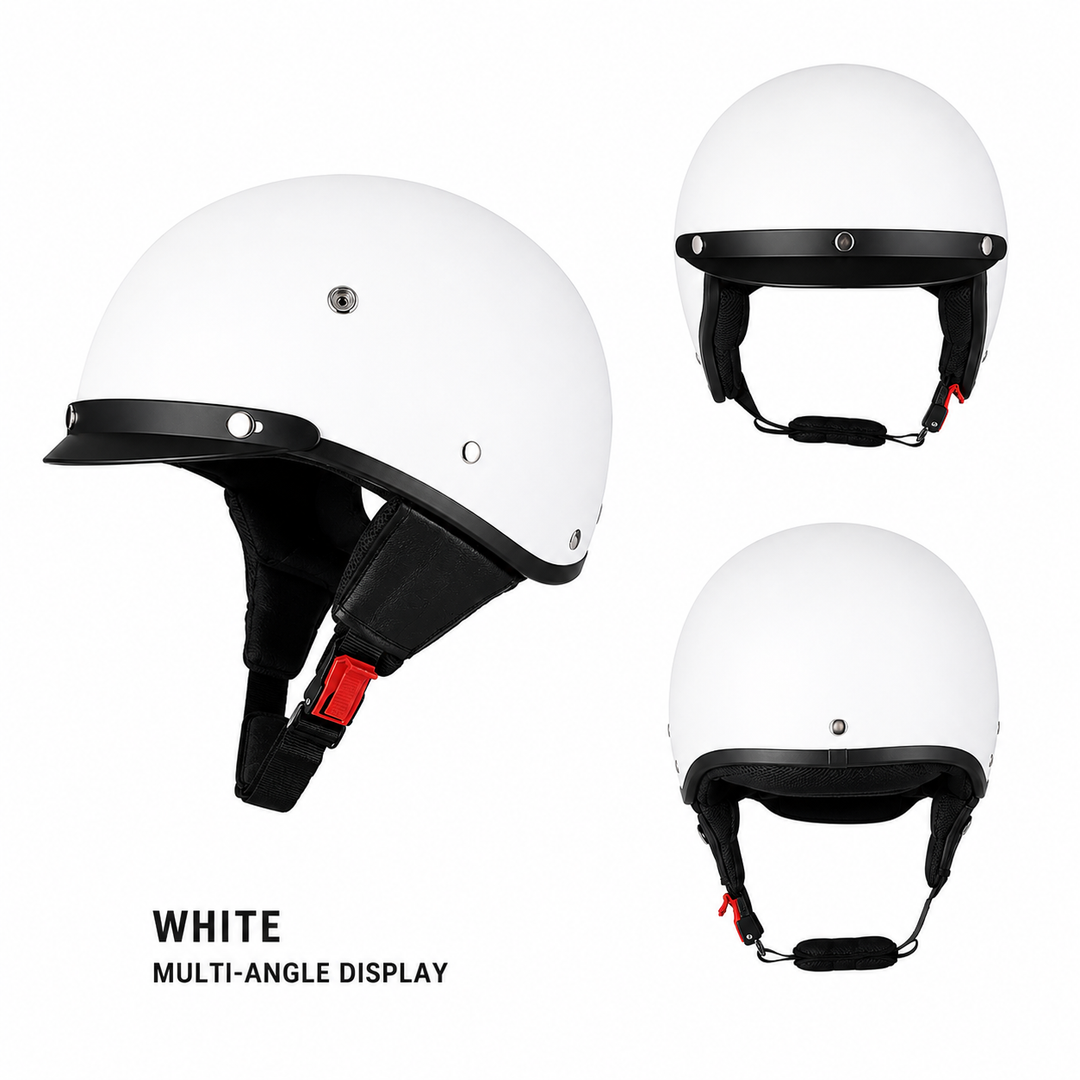 Stylowy kask motocyklowy retro męski, półskorupowy, idealny do miasta, z daszkiem, szybkie zapięcie.