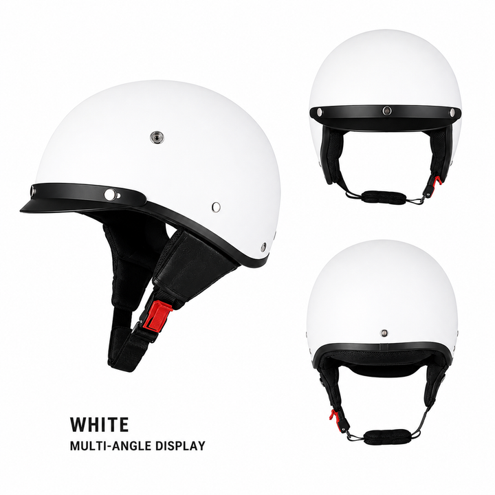 Stylowy kask motocyklowy retro męski, półskorupowy, idealny do miasta, z daszkiem, szybkie zapięcie.