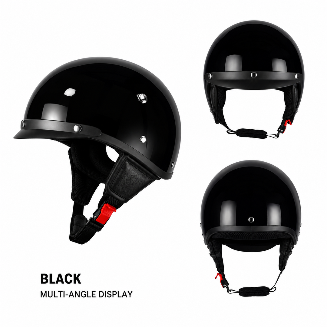 Bezpieczny kask motocyklowy męski retro półskorupowy. Z daszkiem i szybkim zapięciem dla komfortu jazdy.