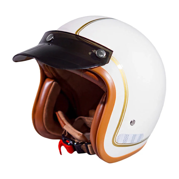Kask motocyklowy połówkowy 3/4, styl retro, zapewniający bezpieczeństwo i komfort w mieście.