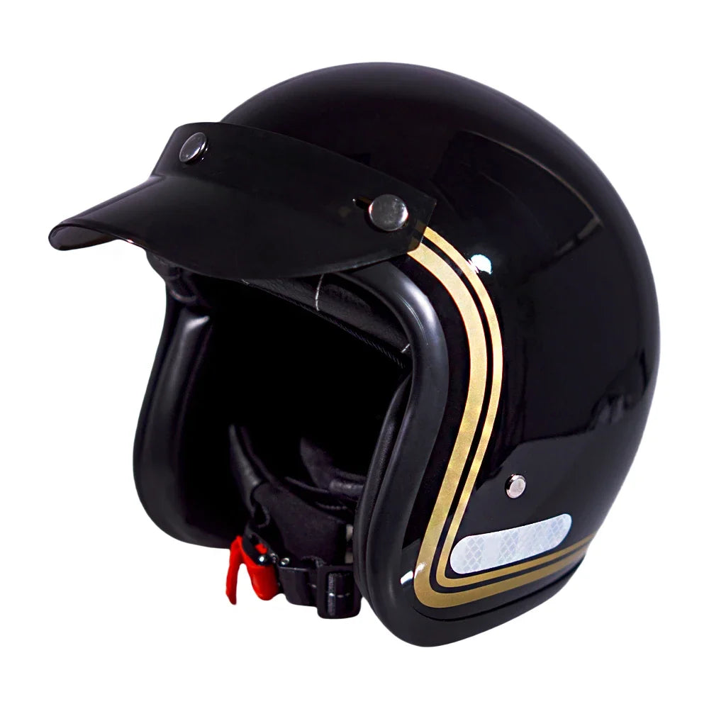 Kask motocyklowy połówkowy vintage, czarny, z regulowanym zapięciem, bezpieczeństwo i modny wygląd.