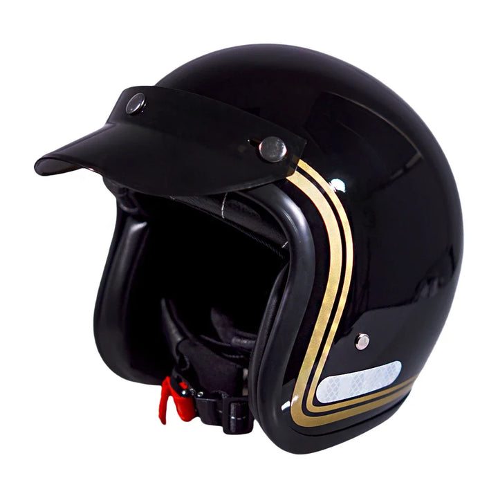Kask motocyklowy połówkowy vintage, czarny, z regulowanym zapięciem, bezpieczeństwo i modny wygląd.