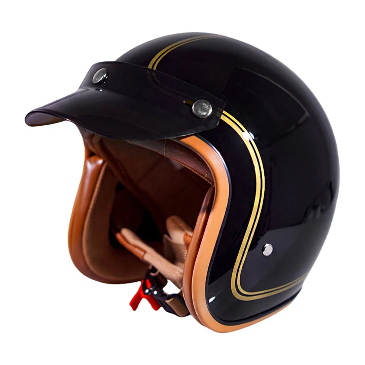 Nowoczesny kask 3/4 motocyklowy, design retro, zapewnia wysoką ochronę i komfort jazdy.