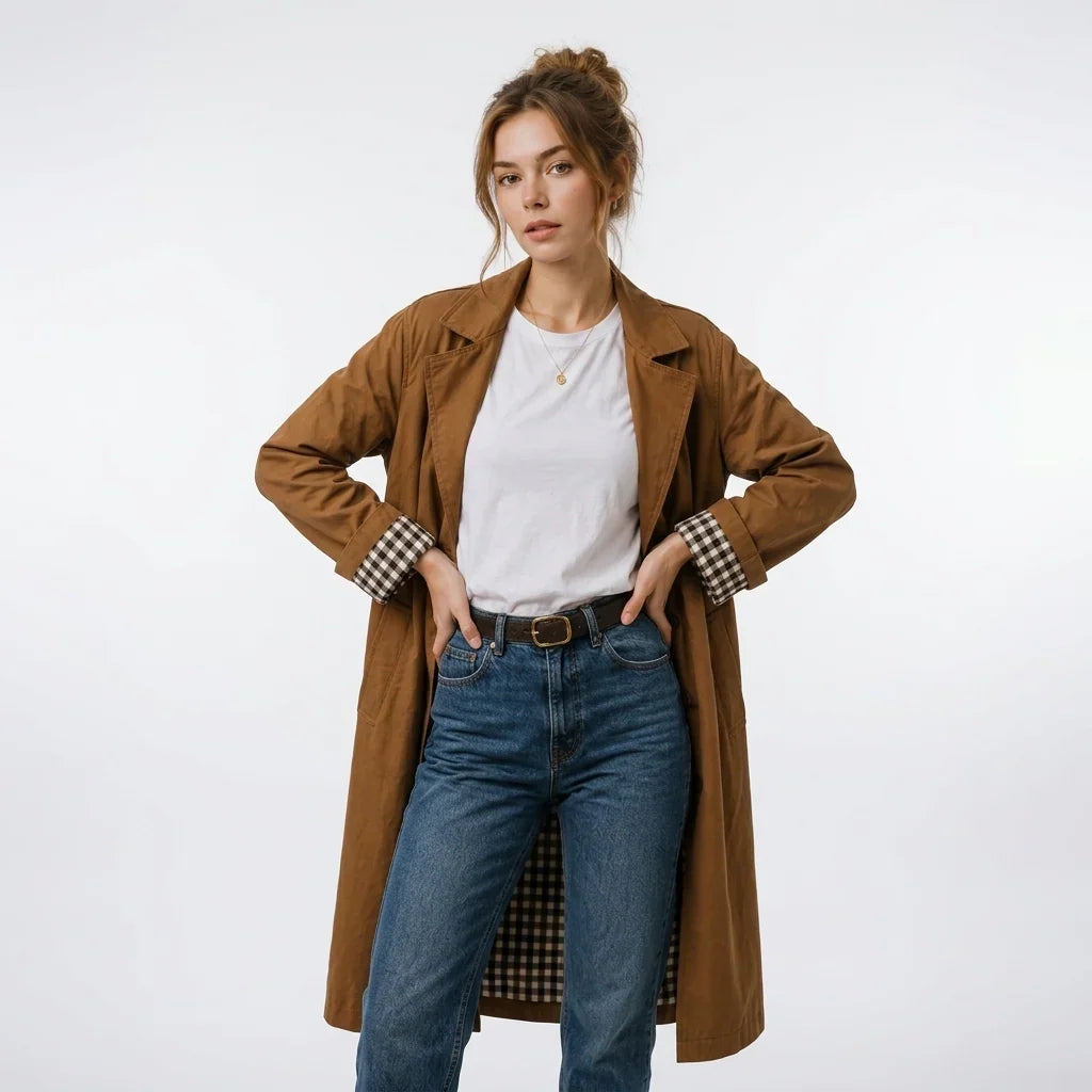 Kobieta w eleganckim długim trenczu khaki z wywiniętymi mankietami w kratę