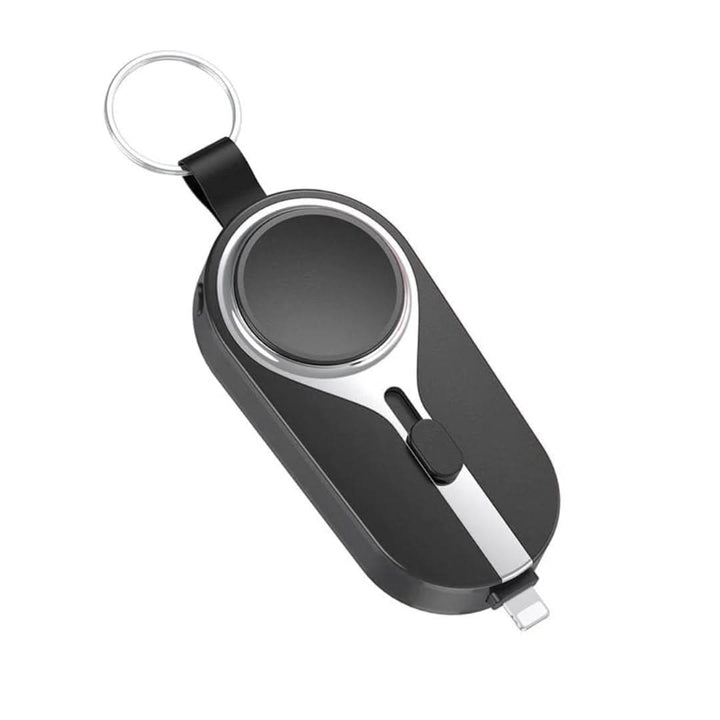 Powerbank Duo na tle smartfonów, prezentujący podwójne złącze. Kompaktowa, przenośna ładowarka do iPhone i USB-C.