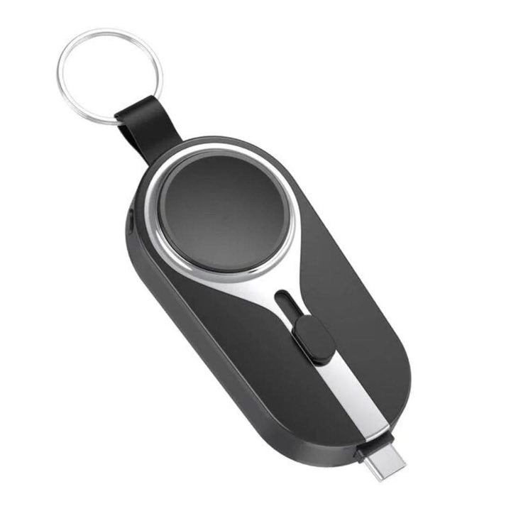 Kompaktowy powerbank Duo z podwójnym złączem do iPhone i USB-C. Mini przenośna ładowarka, akcesorium mobilne.