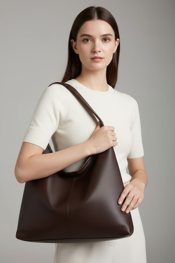 Kobieta prezentująca brązową torbę shopper na ramieniu