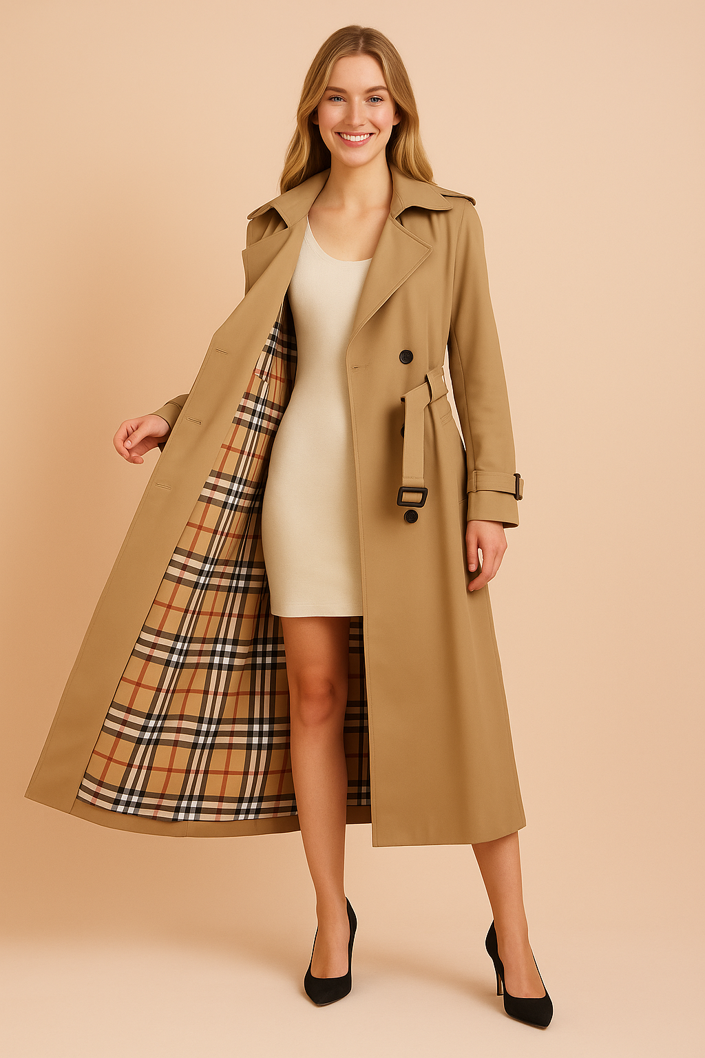 Klasyczny damski trencz dwurzędowy z paskiem, elegancki płaszcz na jesień w kolorze khaki.