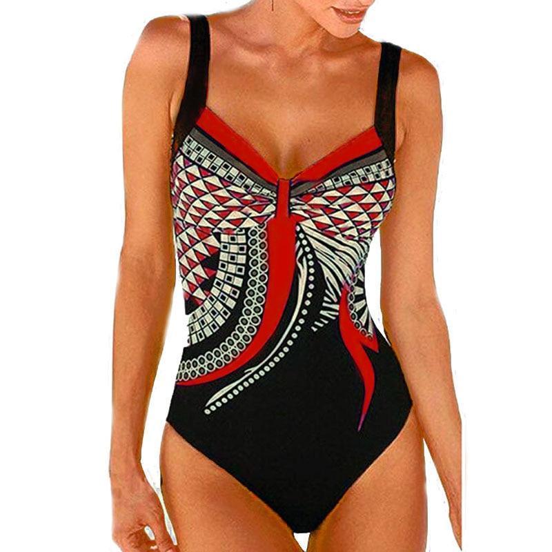 Jednoczęściowy strój kąpielowy damski z eleganckim geometrycznym wzorem. Moda kąpielowa na plażę.