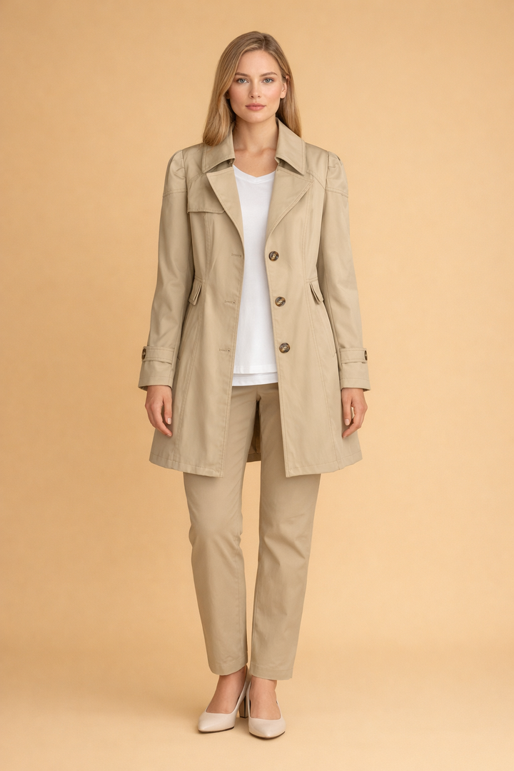 Klasyczny trencz damski w kolorze khaki, dwurzędowy, z paskiem. Elegancki płaszcz przejściowy na wiosnę i jesień.
