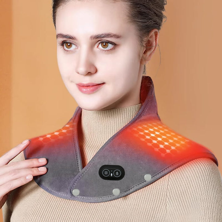 Ogrzewany koc elektryczny z masażerem szyi i ramion, zapewniający ulgę w bólu i komfort w biurze.
