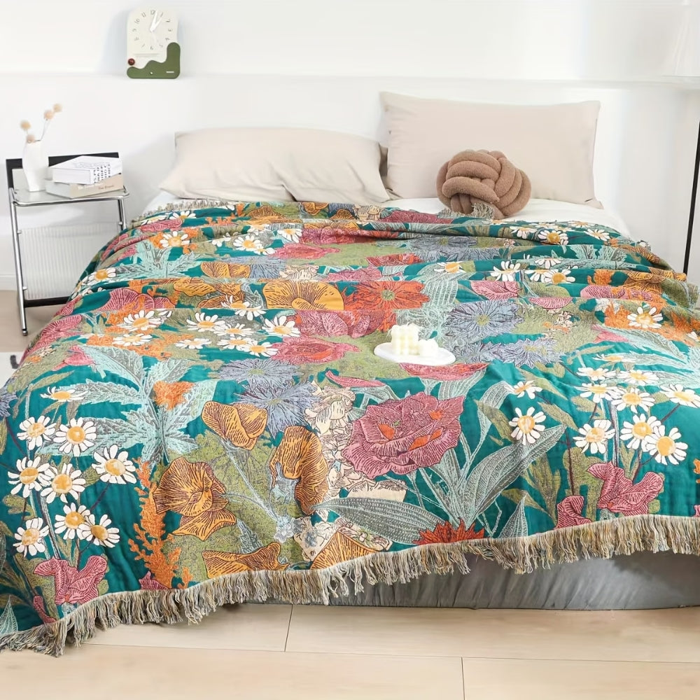 Koc patchwork boho z frędzlami, idealny jako narzuta na sofę. Dekoracja salonu i sypialni, styl etno.