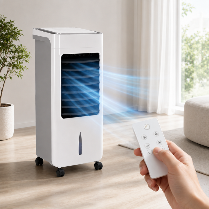 Klimatyzator mobilny 3w1: chłodzi, nawilża, wentyluje. Kompaktowy design, biały, z pilotem. Idealny na lato.