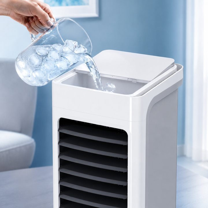 Cichy klimatyzator mobilny 3w1 ze zbiornikiem 6L. Idealny do ciągłego chłodzenia i nawilżania powietrza.