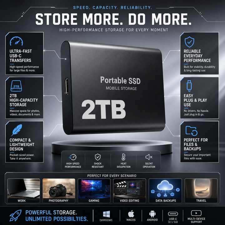 Dysk SSD 2TB USB-C, duża pamięć zewnętrzna do magazynowania danych, zdjęć, filmów i backupu.