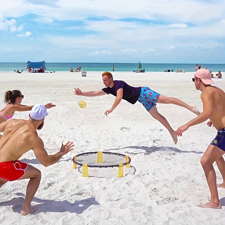 Kompaktowy zestaw do mini siatkówki z siatką, słupkami i piłką. Idealny do ogrodu i na plażę. Przenośny sprzęt sportowy.