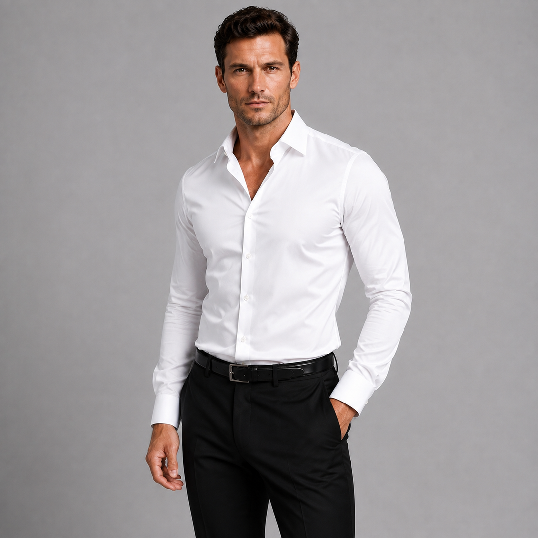 Męska koszula slim fit z satynowym połyskiem - tył eleganckiej koszuli