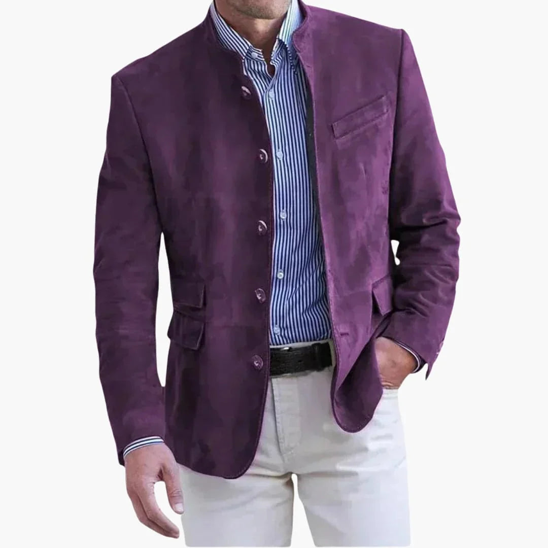 Szara męska marynarka ze stojącym kołnierzem w eleganckim stylu casual chic