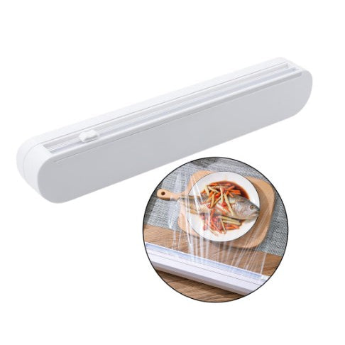Praktyczny akcesorium kuchenne: dyspenser do folii spożywczej i aluminiowej, ułatwia cięcie.