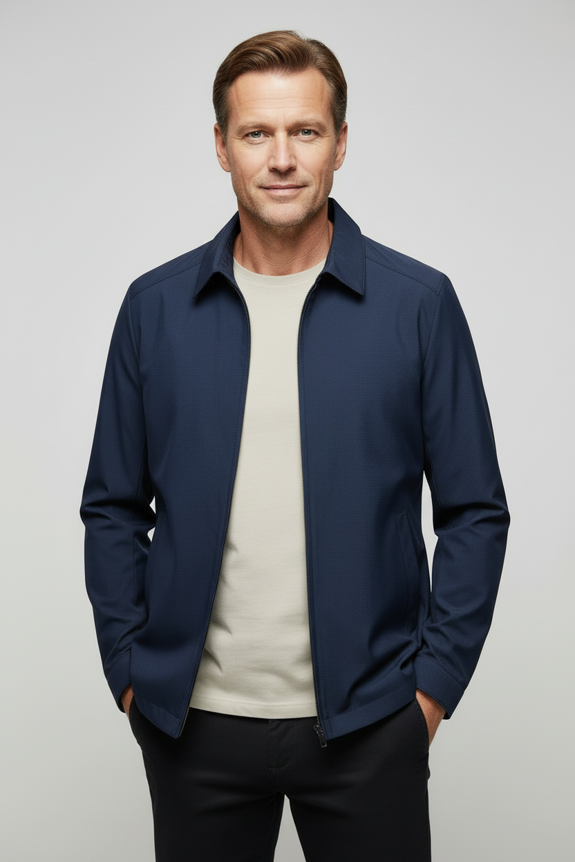 Męska lekka kurtka harrington w stylu casual, widok na kołnierz i zapięcie