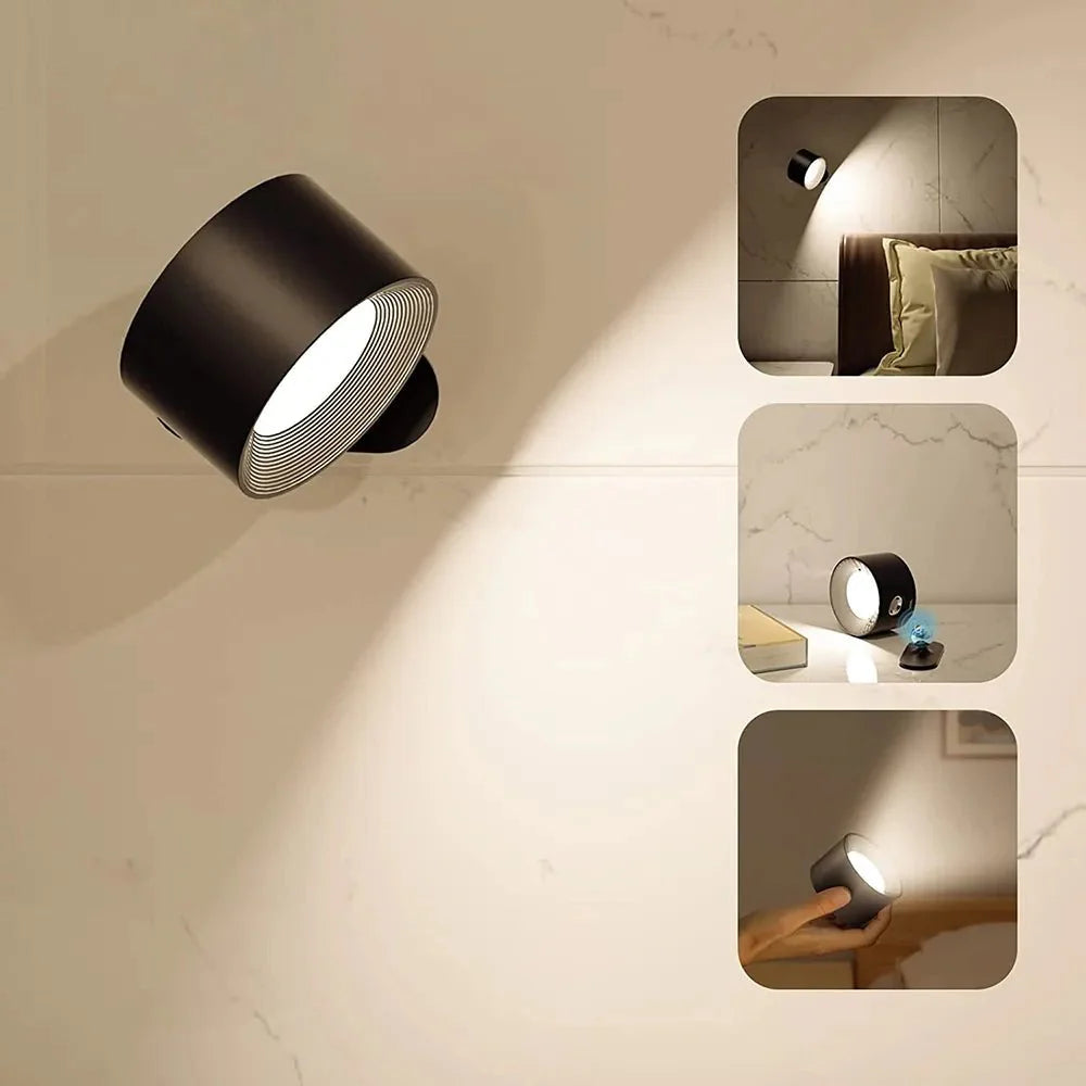 Ruchoma lampa LED ścienna 360° na baterię, sterowanie dotykowe lub pilotem, elastyczne oświetlenie.