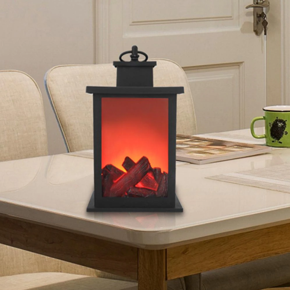 Lampa LED z realistycznym płomieniem, imitująca kominek. Ciepłe światło do salonu, sypialni i dekoracji domowej.