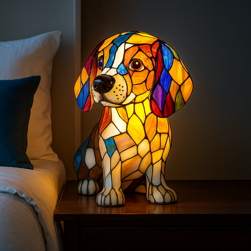 Lampa nocna LED witrażowy pies, ciepłe oświetlenie ambientowe. Idealna dekoracja do pokoju dziecięcego.
