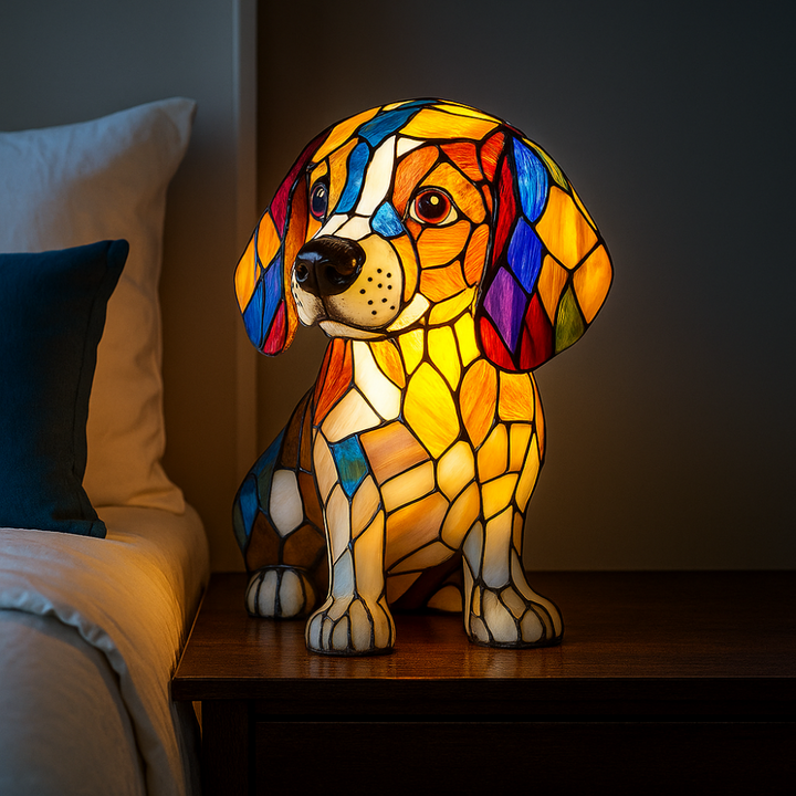 Lampa nocna LED witrażowy pies, ciepłe oświetlenie ambientowe. Idealna dekoracja do pokoju dziecięcego.