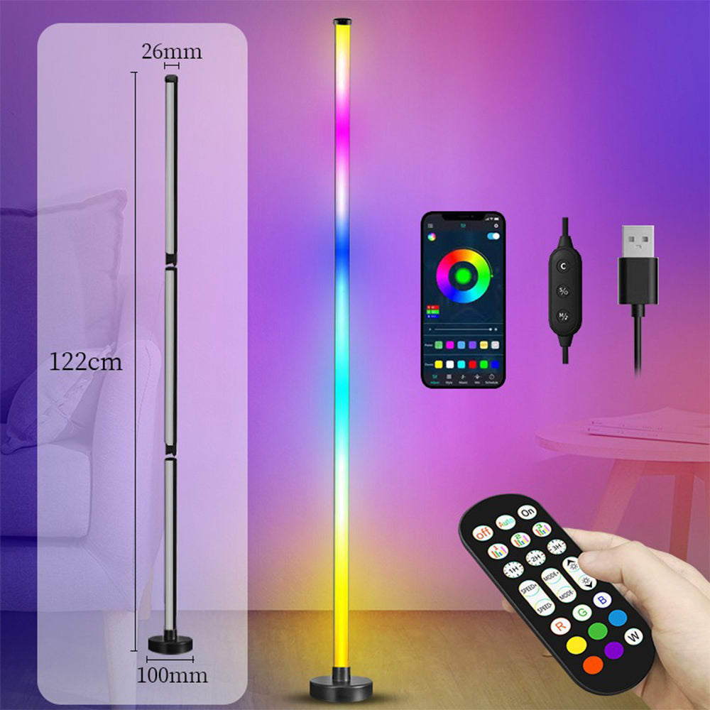 Wielokolorowa lampa podłogowa LED RGB. Dynamiczne efekty świetlne, sterowanie smartfonem. Nowoczesne światło do wnętrz.