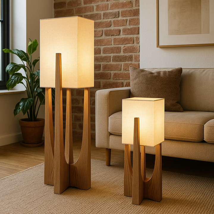 Lampa podłogowa LED w stylu japońskim z drewnianą podstawą, minimalistyczny design do salonu.