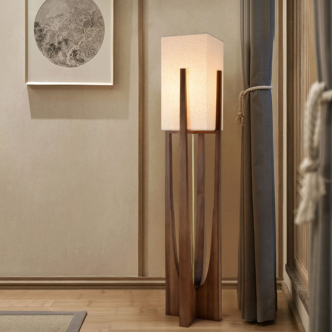 Elegancka drewniana lampa podłogowa LED, japoński styl, idealna do sypialni, tworzy relaksujące oświetlenie.