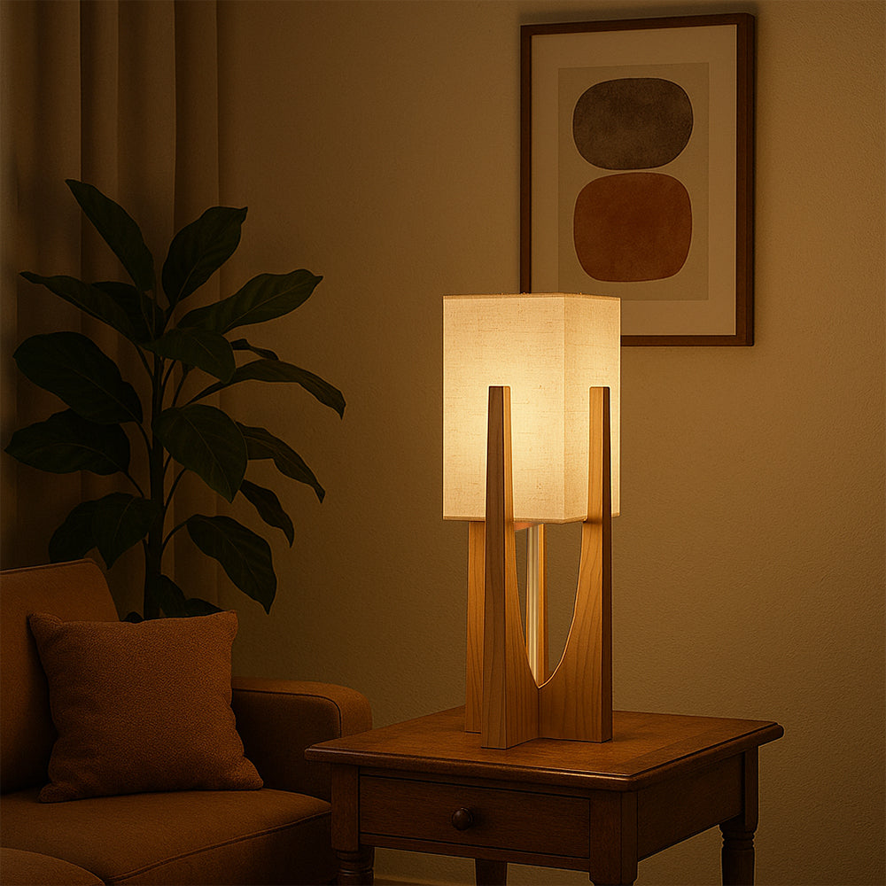 Nowoczesna lampa podłogowa LED, minimalistyczny design w stylu japońskim, drewniana, idealna do wnętrz domowych.