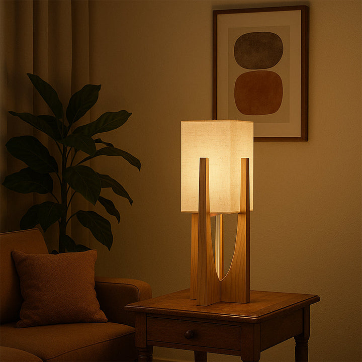 Nowoczesna lampa podłogowa LED, minimalistyczny design w stylu japońskim, drewniana, idealna do wnętrz domowych.