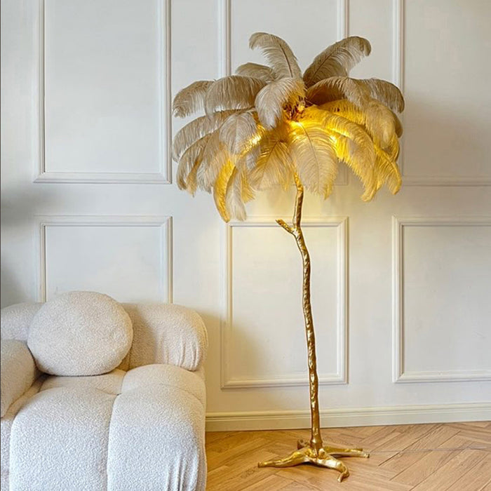 Designerska lampa podłogowa z piórami strusia, elegancka dekoracja wnętrz, do nowoczesnego domu.