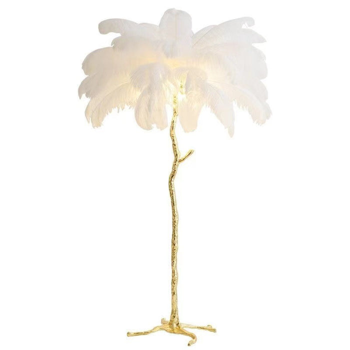 Artystyczna lampa podłogowa z piór strusia, designerska dekoracja do nowoczesnych wnętrz.